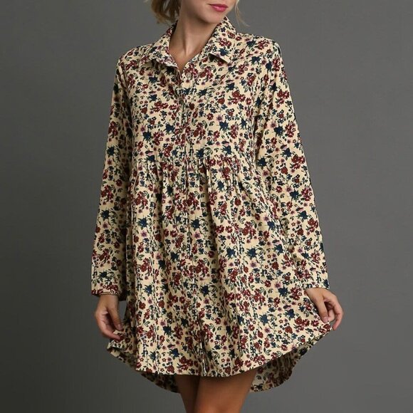 Umgee Leaf Print Notched Mini Babydoll Dress